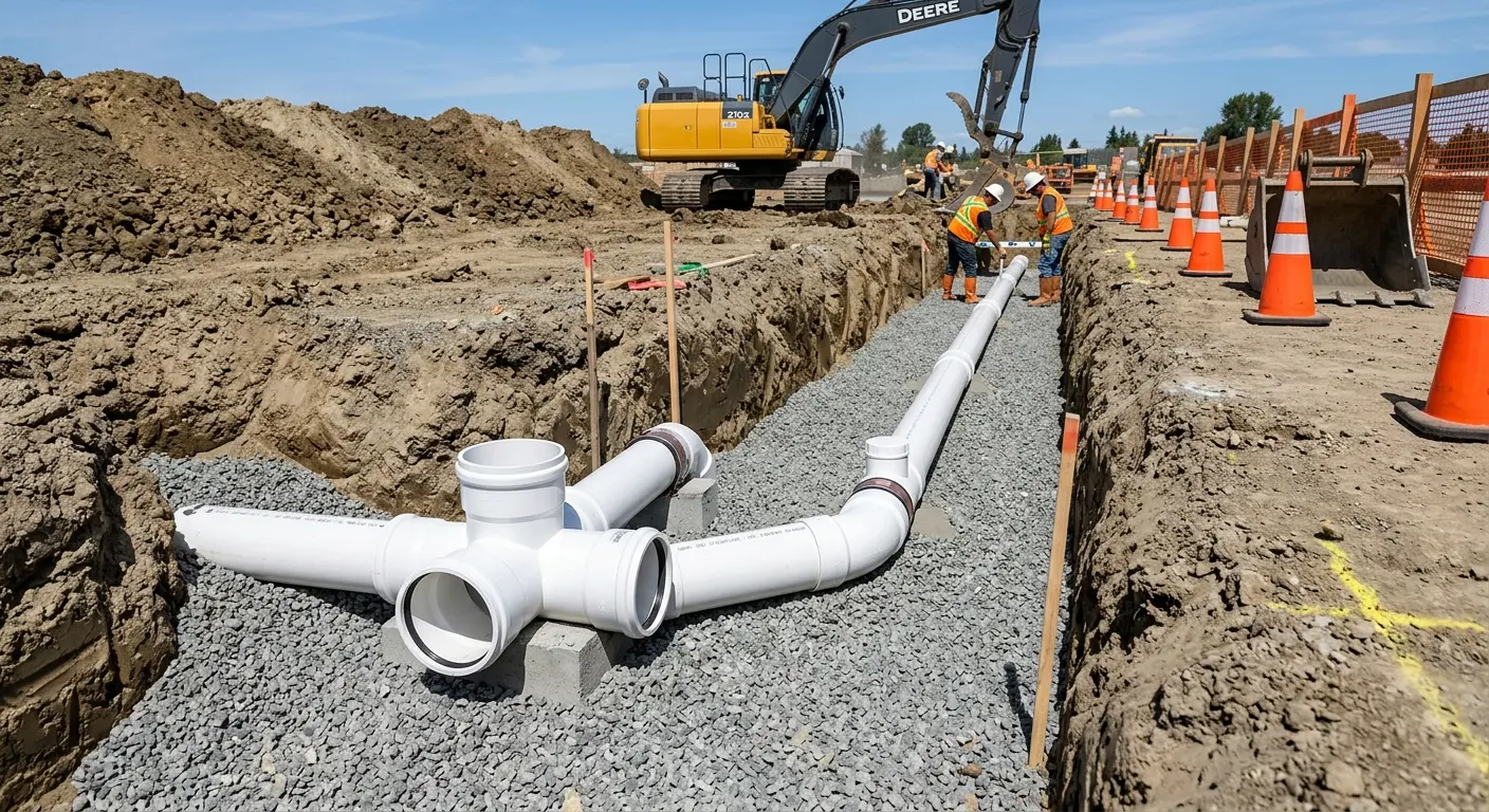 New PVC sewer pipe installation in open trench for Sewer Backup in Marysville