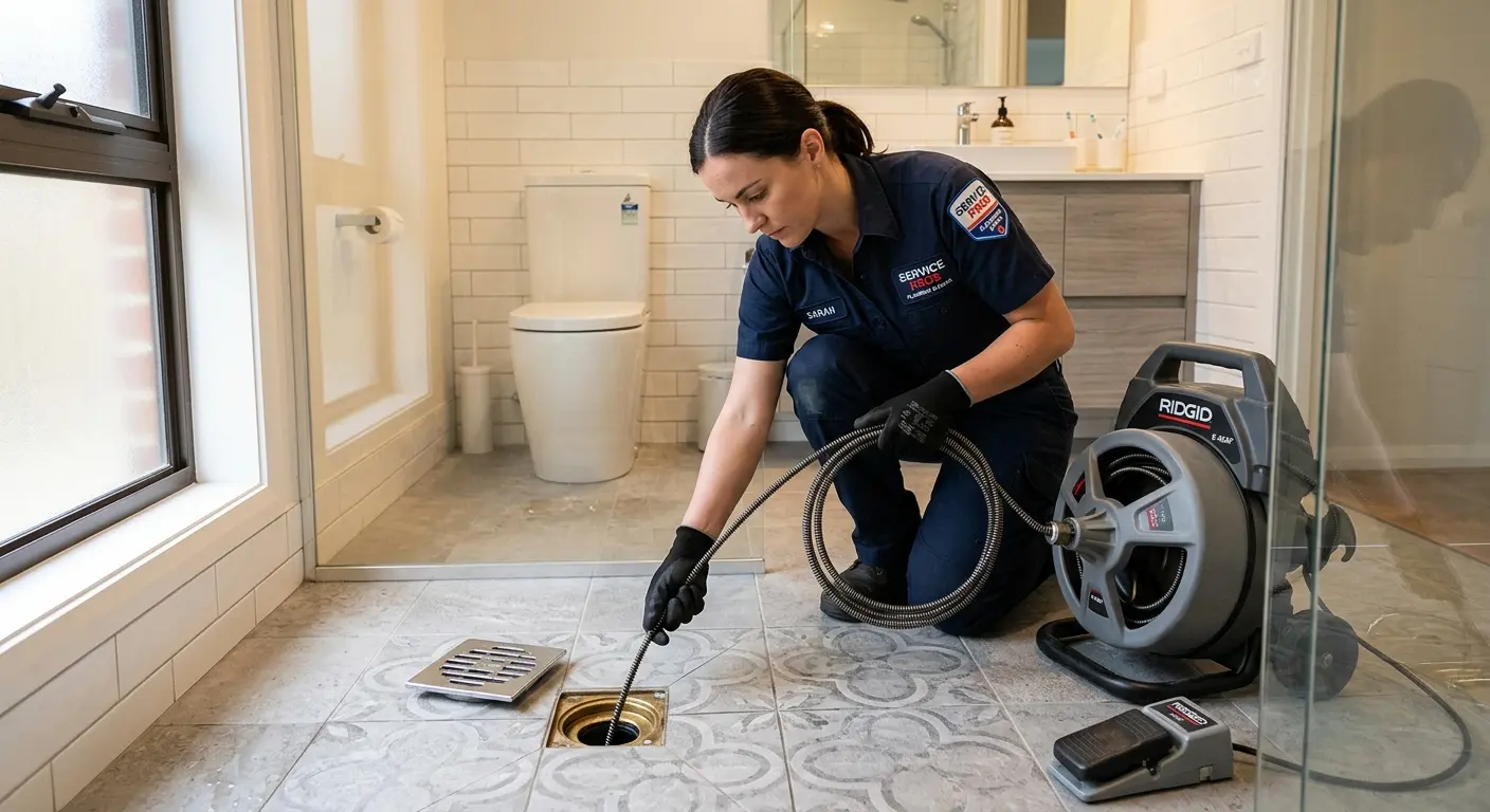Technician clearing a bathroom floor drain for Drain Cleaning in Marysville